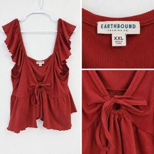 Earthbound Trading Co Rust Red Ruffle Tie Front Crop Top XXL
